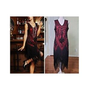 NEW Retro Gatsby Flapper Dress Burgundy Black Woman L Sequin Fringe Prom Party